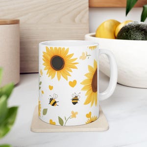 Biene & Sonnenblume Keramikbecher - Fröhliche Kaffeetasse, Blumenbecher, Geschenk für Naturliebhaber, Geburtstag, Wohnkultur, Sonnenblumenliebhaber