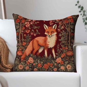 Red Floral Fox Pillow Woodland Fox Pillow Cover William Morris-Inspired Farmhouse Charm Throw Pillow, High-Quality Home Décor