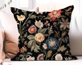 William Morris Inspired Floral Pillow: Dark Cottagecore Faux Suede Throw