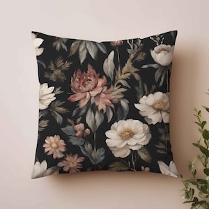 William Morris Inspired Black Floral Pillow Dark Cottagecore Pillow, Botanical Floral Pillow, Floral Pattern Pillow