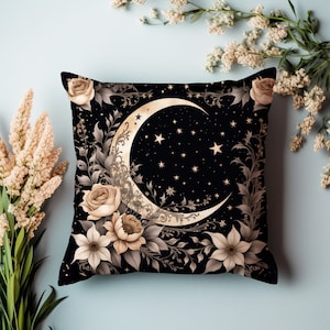 Floral Moon Pillow Cover: Celestial Cottagecore Faux Suede Throw Pillow