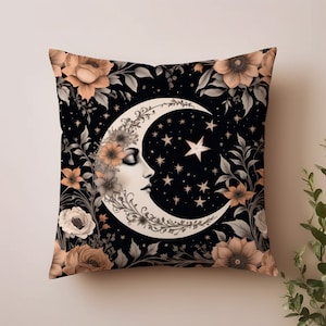 Floral Moon Pillow Cover: Bohemian Cottagecore Faux Suede Throw Pillow