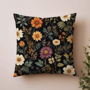 Versatile Black Fall Floral Pillow William Morris Inspired Autumn Dark Cottagecore Pillow Botanical Floral Pattern Throw Pillow