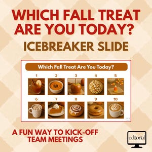 Könnte beinhalten: Grafik mit dem Text "Welchen Herbst-Leckerbissen bist du heute?" und "Icebreaker Slide". Das Bild zeigt eine Tabelle mit Herbstleckereien, darunter Apfelwein, Kürbissuppe, Karamellapfel und Popcorn.
