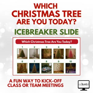Pode incluir: Imagem com o texto "WHICH CHRISTMAS TREE ARE YOU TODAY? ICEBREAKER SLIDE". Inclui uma grade de 10 imagens de árvores de Natal, variando do tradicional ao incomum, com o texto "A FUN WAY TO KICK-OFF CLASS OR TEAM MEETINGS".