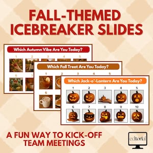 Peut inclure: Une présentation numérique intitulée "FALL-THEMED ICEBREAKER SLIDES". Les diapositives posent des questions sur le thème de l'automne, telles que "Which Autumn Vibe Are You Today?" et "Which Jack-o'-Lantern Are You Today?" pour les réunions d'équipe.