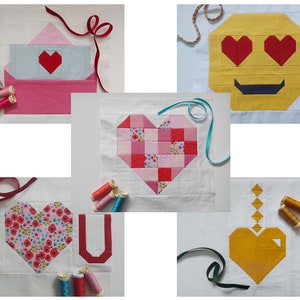 Pacote de padrão de bloco de colcha PDF de coração | Coração de retalhos, carta de amor, eu *coração* você, emoji de olhos de coração e medalhão em formato de coração