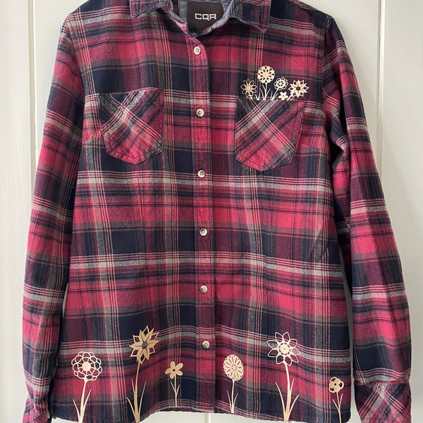 Women's Size X-Small Black, Red, and Gold Flannel Shirt With Flowers (sized more like s/m)