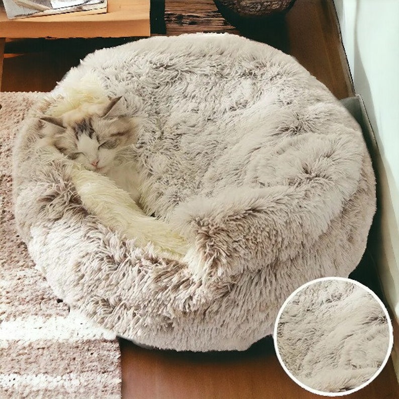 Lit troglodyte douillet pour chat Lit moelleux pour chat, niche pour chat d'intérieur confortable, mignon chat chaud, lit de luxe pour chat, panier calmant pour chat, lit douillet pour chaton Coffee - Smooth