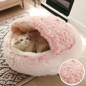 Lit troglodyte douillet pour chat Lit moelleux pour chat, niche pour chat d'intérieur confortable, mignon chat chaud, lit de luxe pour chat, panier calmant pour chat, lit douillet pour chaton Pink - Smooth