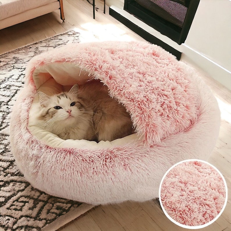 Lit troglodyte douillet pour chat Lit moelleux pour chat, niche pour chat d'intérieur confortable, mignon chat chaud, lit de luxe pour chat, panier calmant pour chat, lit douillet pour chaton Pink - Smooth