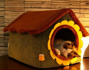 Flower Cat Bed House | Floral Cat House, Funny Cat Furniture, Cute Wool Cat Cave, Bed for Cats, Large Cat Bed, Outdoor Cat House, Cat Lovers