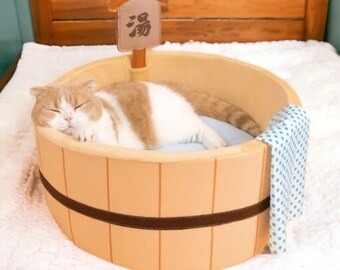 Anime Hot Spring Cat Bed | Animal Spa Bed, Cute Pet Spa Bed, Funny Cozy Cat Beds, Bed for Cats and Dogs, Spa Day for Pets, Gift for Pets