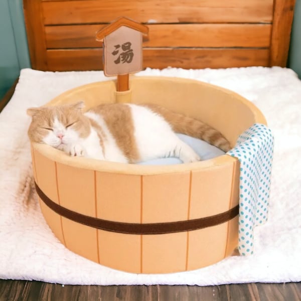 Anime Hot Spring Cat Bed | Animal Spa Bed, Cute Pet Spa Bed, Funny Cozy Cat Beds, Bed for Cats and Dogs, Spa Day for Pets, Gift for Pets