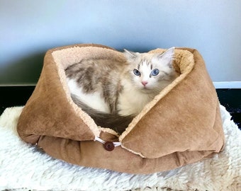 Fluffy Sherpa Cat Bed | Cat Throw Blanket Bed, Dog Blanket Bed, Kitten Bed, Pet Blanket Bed, Sherpa Blanket for Cats, Gifts for Cat Lovers