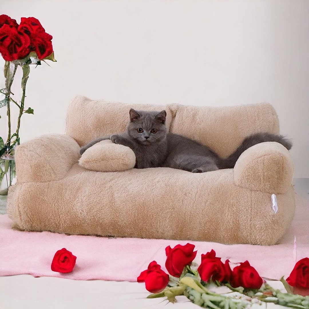 Bedsure Cute Pet Couch - Fluffy Sofa With Premium Soft Corduroy Fleece, Washable Cover, Supportive Cat Chair, 24 Inch, Copper Brown