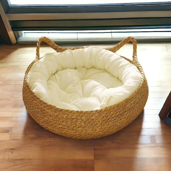 Cute Wicker Cat Bed | Woven Cat Basket Bed, Pet Basket, Dog Basket, Small Dog Bed, Cat Hammock Bed, Comfy Outdoor Cat Bed, Gift for Cats