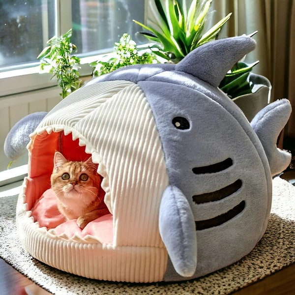 Plush Shark Cat Bed | Cute Shark Cat House, Funny Shark Cat Cave, Shark Kitten Bed, Warm Cat Nest, Pet Shark Bed, Shark Cat House, Cat Lover