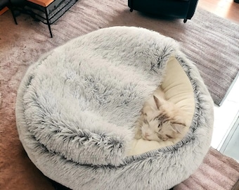 Knus kattengrotbed | Pluizig kattenbed, comfortabel binnenkattenhuis, warm schattig kattenbed, luxe kattenbed, kalmerend kattenmandbed, gezellig kittenbed