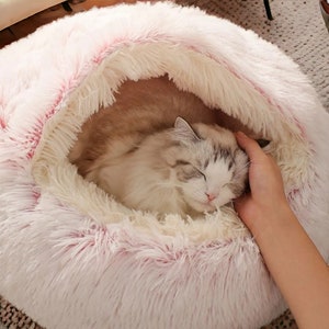 Lit troglodyte douillet pour chat Lit moelleux pour chat, niche pour chat d'intérieur confortable, mignon chat chaud, lit de luxe pour chat, panier calmant pour chat, lit douillet pour chaton Pink - Plush