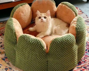 Cozy Sunflower Cat Bed | Cat Round Bed, Cute Bed For Cat, Warm Cat Bed, Luxury Cat Cushion, Cat Flower Bed, Winter Cat Bed, Pet Accessories