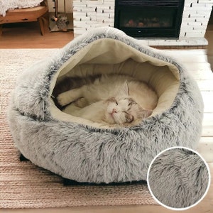 Lit troglodyte douillet pour chat Lit moelleux pour chat, niche pour chat d'intérieur confortable, mignon chat chaud, lit de luxe pour chat, panier calmant pour chat, lit douillet pour chaton Grey - Smooth