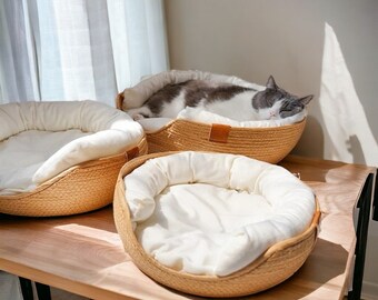 Bequemes Katzenbett aus Holz | Süße Katzenhängematte, rundes Katzenbett, luxuriöses Katzenkissen, warmes Katzennest, Kätzchenbett, Bett für Haustiere, großes Hundebett, Katzenliebhaber