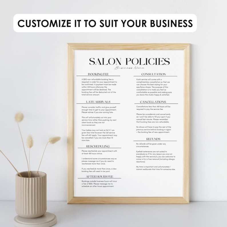 Salon Policies for Beauty Business, Printable Policy for Beauty Nail Lash Brow Salon, Policy