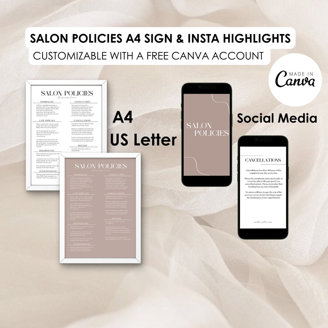 Salon Policies for Beauty Business, Printable Policy for Beauty Nail Lash Brow Salon, Policy