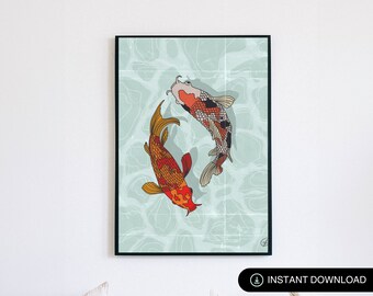 Dance of Koi Fish Digital Print, Printable Japanese Wall Art, Koi Fish Digital Print, Koi Fish Painting, Japanese Fish, Digital Download