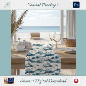 May include: A blue and white table runner with a coastal wave and seashell pattern. The runner is on a wooden table with two wine glasses and a plate. The background is a beach scene with a window and a wicker basket.