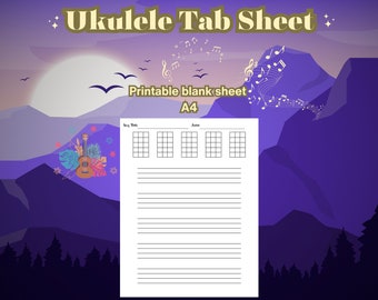 Ukulele Tab Sheet, 5 staves per page, 5 chord charts per page, A4, Also for bass guitar, Printable blank sheet music