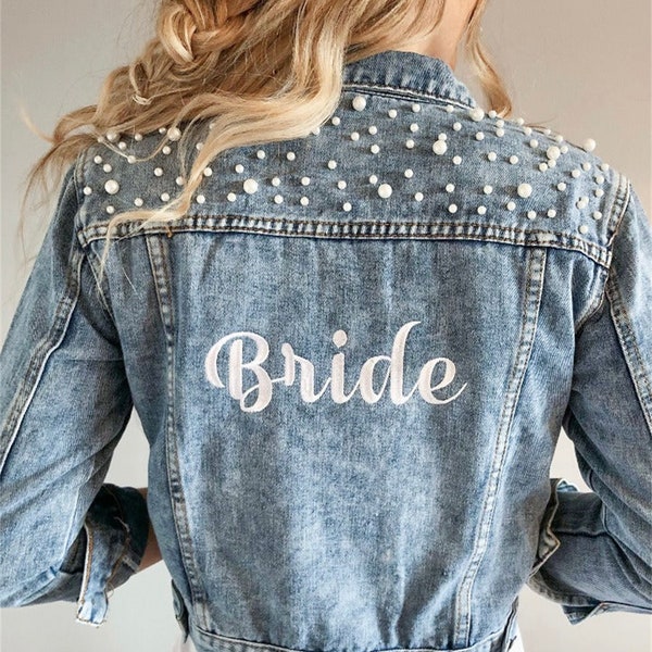 Personalised Pearl Bridal Denim Jacket,Custom Mrs Jacket, Wedding Gifts, Bride Jacket,Hen party, Wedding, Denim Jacket,Wedding Gift