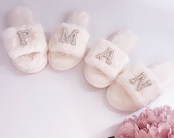 Personalized Bride Slippers for Wedding White Soft Womens Bridal Slippers Open Toe Slippers for Bridal and Bachelorette Party Gift
