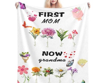 Coperta per mamma personalizzata con nomi di bambini, coperta da giardino della nonna, coperta natalizia per la festa della mamma, coperta floreale personalizzata per il mese di nascita