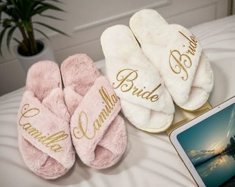 Personalized Fluffy Slippers,Bridal Slipper,Custom Bride Slippers Gift, Bridal Party Slippers,Bridesmaid Gifts,Bridal Party Slippers