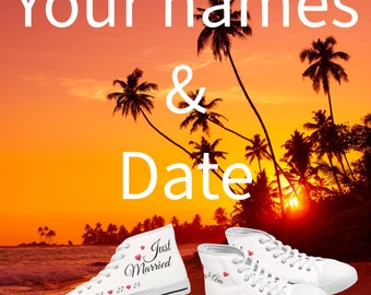 Just married shoes for bride custom wedding gift for her bridal shower personalized sneakers with names and date couples anniversary gift