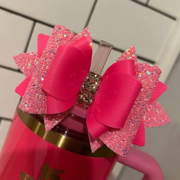 Neon pink electric pink Glitter Tumbler Bow for Stanley, straw topper, pink parade glitter with gold light pink dark pink neon pink