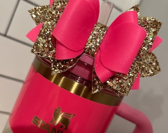 Noeud de gobelet scintillant rose néon rose électrique pour Stanley, décoration en paille, défilé rose scintillant avec de l'or