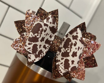 Tumbler Bow for Stanley, straw topper, brown cow glitter highland white