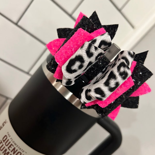 Tumbler Bow for Stanley, straw topper, black white glitter snow leopard neon pink green orange yellow blaze customize another color for pink