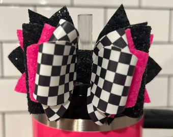 Tumbler Bow for Stanley, straw topper, black white check checkers squares paired with choice of neon pink, green yellow black hot pink etc…