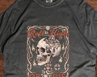 Vintage Woodcut Skull T-Shirt – Roll High Or Die Gaming (Comfort Colors)