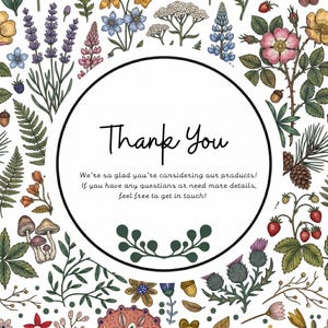 May include: A circular design with a white background, featuring a black border and the words "Thank You" in elegant script. The design is surrounded by a variety of colorful botanical illustrations, including flowers, leaves, and berries.