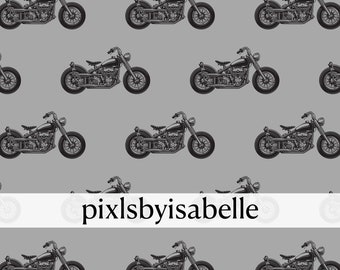May include: A seamless pattern featuring black and white illustrations of vintage motorcycles on a light grey background. The pattern is repeated throughout the image. The text "pixelsbyisabelle" is visible at the bottom of the image.