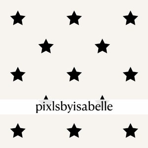 May include: A seamless pattern of black stars on a white background. The stars are evenly spaced and arranged in a repeating pattern. The text "pixelsbyisabelle" is centered at the bottom of the image.
