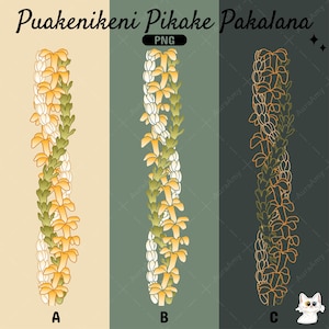 May include: Three floral illustrations labeled A, B, and C. A and B feature a garland of yellow and white flowers with green leaves. Illustration C is a gold outline of the same floral garland. The text "Puakenikeni Pikake Pakalana" is at the top.