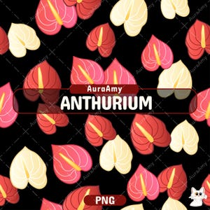 Puede incluir: Patrón repetido de flores de anturio estilizadas en tonos rojos, rosas y crema, sobre un fondo negro. Las flores tienen espádices amarillos. La palabra "ANTHURIUM" se muestra en texto blanco. La imagen también incluye el texto "PNG".