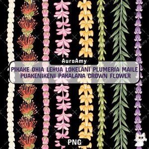 Vertical Pikake Ohia Lehua Lokelani Plumeria Maile Puakenikeni Pakalana Crown Flower Lei, Digital Download, Seamless Pattern, PNG File