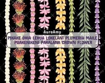 May include: Digital illustration of various Hawaiian flower garlands, including Pikake, Ohia, Lehua, Lokelani, Plumeria, Maile, Puakenikeni, Pakalana, and Crown Flower, on a black background. The image includes the text "AuraAmy" and "PNG".